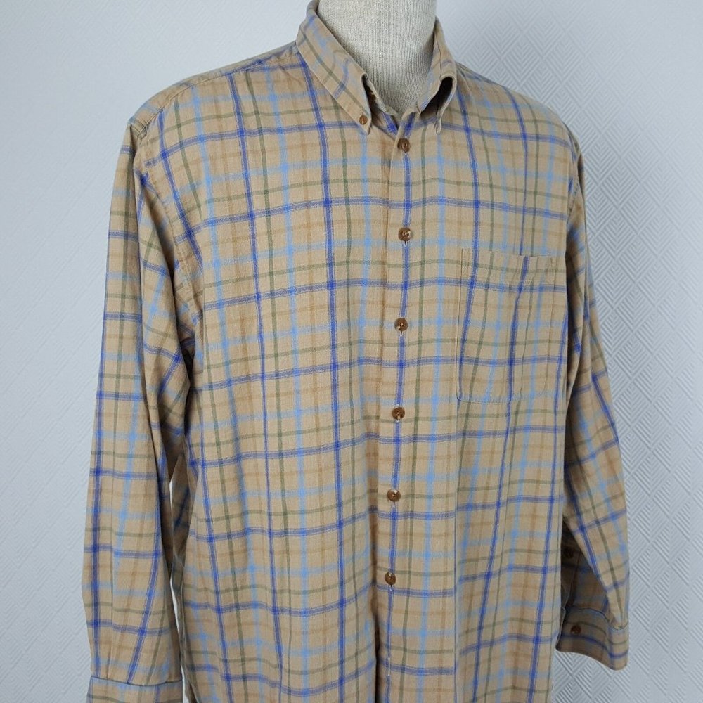 Charles Orvis Signature Men's Dress Shirt Tan Blue Plaid Long Sleeve Size Large